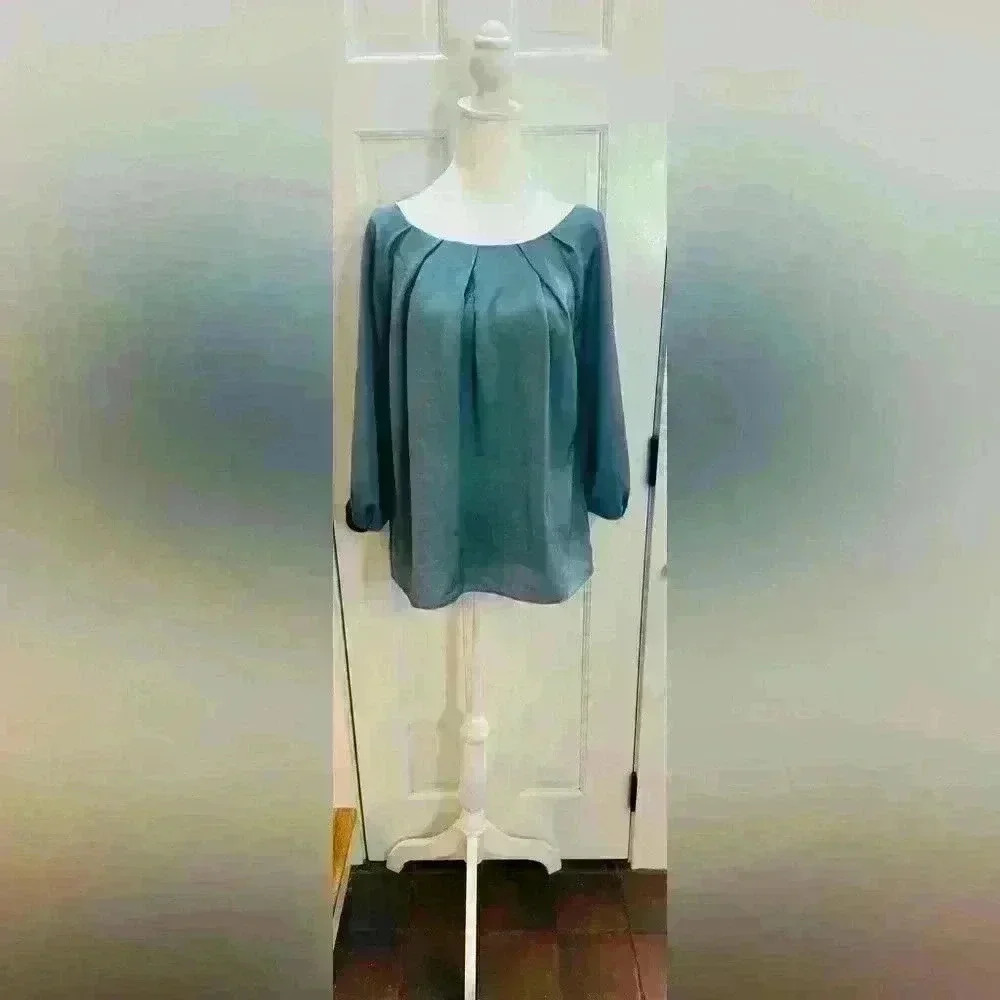 Talbots Blue Green Pleated Scoop Neck Long Sleeve Blouse Top CA23147